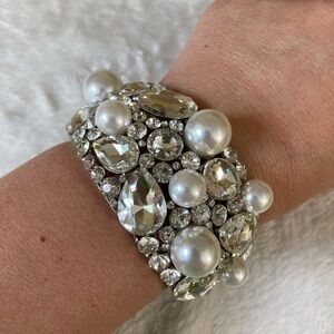 Jeweled Hinged Bracelet w/ Faux Pearls Rhinestones‎